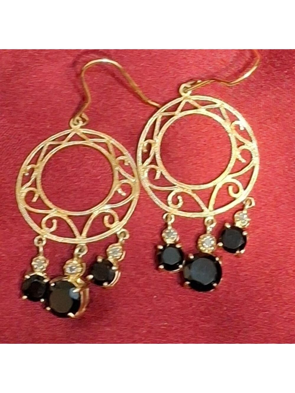 Gold Over Sterling Silver 925 and Black Amethyst and Diamond Dangle Earrings - Picture 3 of 9